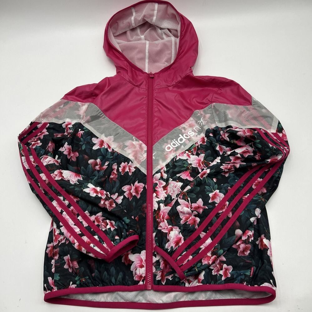 Womens Adidas Neo Pink Floral Full Zip Hooded Windbreaker Lightweight Jacket S